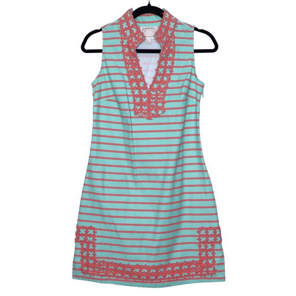 SAIL TO SABLE Coral Embroidered Tunic Dress Mint Stripe Collared Women's XS - Picture 1 of 12